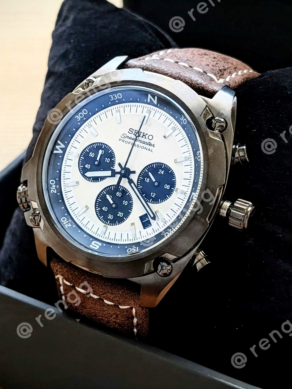 45mm Seiko Men's White Dial Panda Chronograph Mod Watch Compass Inner Ring